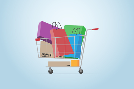 Shopping cart full of boxes and bags, flat designのイラスト素材