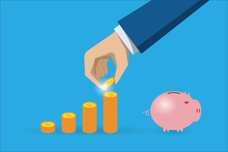 business hand holding coin with coins stack and piggy bank, saving and investment conceptのイラスト素材