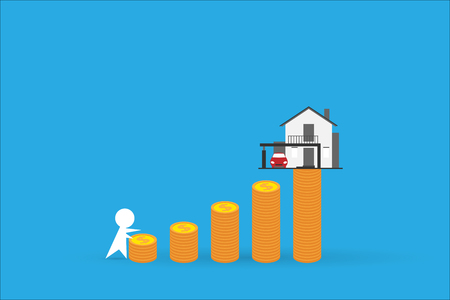 man climbing coins stack with home, real estate and business conceptのイラスト素材