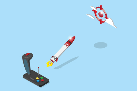 isometric joystick control rocket flying to red target, startup and business conceptのイラスト素材
