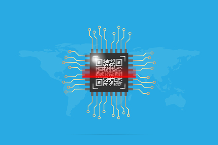 qr code on chip processor with world map, technology and business conceptのイラスト素材
