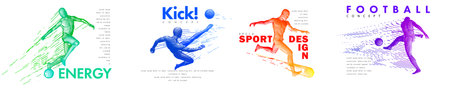 A set of football, soccer players drawing by lines with text. Creative sport concept. Art vector graphic for brochures, flyers, presentations, print, webのイラスト素材