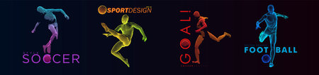 A set of football, soccer players drawing by color lines with text. Creative sport concept. Art vector graphic for brochures, flyers, presentations, print, webのイラスト素材