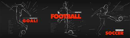 A set of fotball, soccer players drawing by lines with text. Creative sport concept. Art vector graphic for brochures, flyers, presentations, print, webのイラスト素材