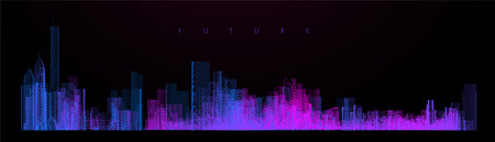 Night city illustration with neon glow colors. illustration with architecture, skyscrapers, megapolis, buildings, downtown. Landscape template background. Color art line vectorのイラスト素材