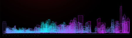 Night city illustration with neon glow colors. illustration with architecture, skyscrapers, megapolis, buildings, downtown. Landscape template background. Color art line vectorのイラスト素材
