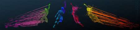 Sport concept of a flying people. Vector drawn by color lines. Sport minimal cover design. Creative line-art set. Man and woman. Run and fly. Vector template.のイラスト素材