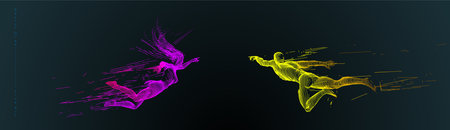 Sport concept of a flying people. Vector drawn by color lines. Sport minimal cover design. Creative line-art set. Man and woman. Run and fly. Vector template.のイラスト素材