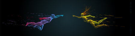 Sport concept of a flying people. Vector drawn by color lines. Sport minimal cover design. Creative line-art set. Man and woman. Run and fly. Vector template.のイラスト素材