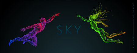 Sport concept of a flying people. Vector drawn by color lines. Sport minimal cover design. Creative line-art set. Man and woman. Run and fly. Vector template.のイラスト素材