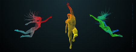 Sport concept of a flying people. Vector drawn by color lines. Sport minimal cover design. Creative line-art set. Man and woman. Run and fly. Vector template.のイラスト素材