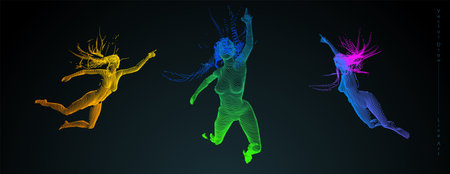Sport concept of a flying people. Vector drawn by color lines. Sport minimal cover design. Creative line-art set. Man and woman. Run and fly. Vector template.のイラスト素材