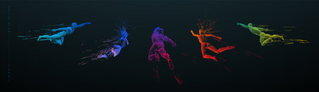 Sport concept of a flying people. Vector drawn by color lines. Sport minimal cover design. Creative line-art set. Man and woman. Run and fly. Vector template.のイラスト素材