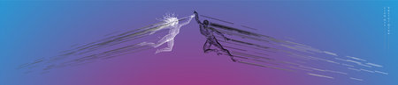 Sport concept of a flying people. Vector drawn by graphic lines. Sport minimal cover design. Classic line-art set. Man and woman. Run and fly. Vector template.のイラスト素材