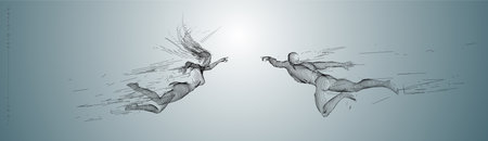 Sport concept of a flying people. Vector drawn by graphic lines. Sport minimal cover design. Classic line-art set. Man and woman. Run and fly. Vector template.のイラスト素材