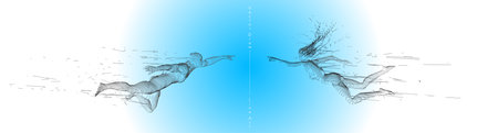 Sport concept of a flying people. Vector drawn by graphic lines. Sport minimal cover design. Classic line-art set. Man and woman. Run and fly. Vector template.のイラスト素材