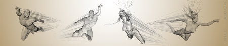 Sport concept of a flying people. Vector drawn by graphic lines. Sport minimal cover design. Classic line-art set. Man and woman. Run and fly. Vector template.のイラスト素材