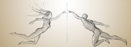 Sport concept of a flying people. Vector drawn by graphic lines. Sport minimal cover design. Classic line-art set. Man and woman. Run and fly. Vector template.のイラスト素材