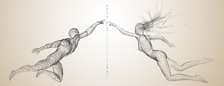 Sport concept of a flying people. Vector drawn by graphic lines. Sport minimal cover design. Classic line-art set. Man and woman. Run and fly. Vector template.のイラスト素材