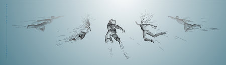 Sport concept of a flying people. Vector drawn by graphic lines. Sport minimal cover design. Classic line-art set. Man and woman. Run and fly. Vector template.のイラスト素材