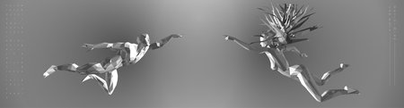 Vector drawn by polygons. Low-poly cover design. Creative fitness art. Concept graphic of 3d flying peopleのイラスト素材