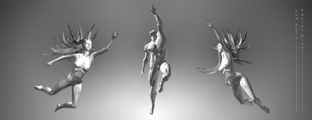 Vector drawn by polygons. Low-poly cover design. Creative fitness art. Concept graphic of 3d flying peopleのイラスト素材