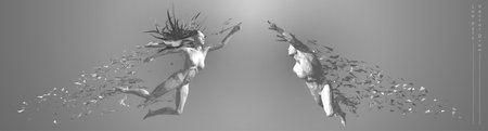 Vector drawn by polygons. Low-poly cover design. Creative fitness art. Concept graphic of 3d flying peopleのイラスト素材