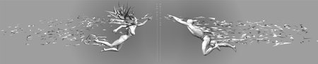 Vector drawn by polygons. Low-poly cover design. Creative fitness art. Concept graphic of 3d flying peopleのイラスト素材