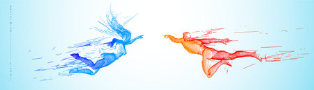 Sport concept of a flying people. Vector drawn by color lines. Sport minimal cover design. Creative line-art set. Man and woman. Run and fly. Vector templateのイラスト素材