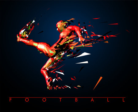Football concept. Low-poly football player which consists of dynamic lines and polygons. Vector illustration. Graphic concept soccer. Vector template brochures, flyers, presentations,  printのイラスト素材