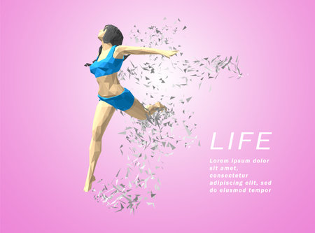 Art concept of a running woman. Vector drawn by color polygons. Lowpoy cover design. Creative fitness art. Vector template brochures, flyers, presentations, print, leaflet, banners.のイラスト素材