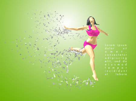 Art concept of a running woman. Vector drawn by color polygons. Lowpoy cover design. Creative fitness art. Vector template brochures, flyers, presentations, print, leaflet, banners.のイラスト素材