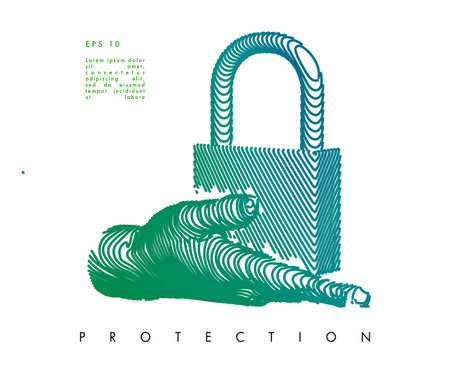 Hand holding lock. Vector drawn by color lines. Creative line-ar. Vector template brochures, flyers, presentations,  printのイラスト素材