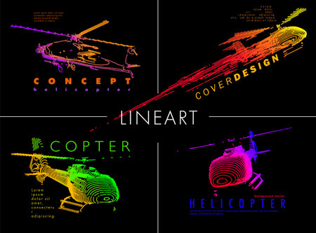 Art image set of a helicopter. Minimal cover design. Conceptual vector drawn by color lines. Creative line-art. Vector template brochures, flyersのイラスト素材