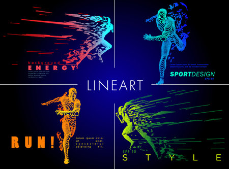 Art concept of a running man. Vector drawn by color lines. Minimal cover design. Creative line-art set. Vector template brochures, flyers, presentations,  print, leaflet, banners.のイラスト素材