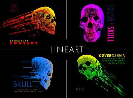 Art concept set of a skull. Vector drawn by color lines. Cover design. Creative line-art. Vector template brochures, flyers, presentations, logo, print, leaflet, banners.のイラスト素材