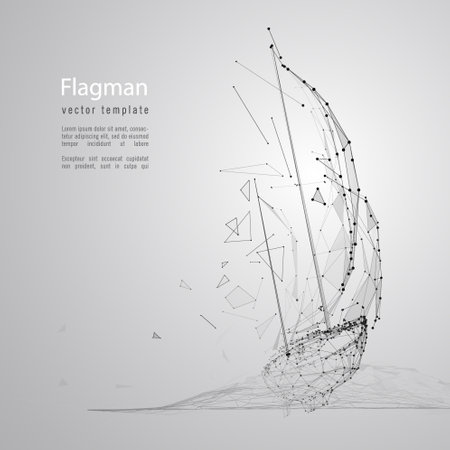 Sailboat composed of polygon. Logo concept. Low poly vector illustration of a mesh . The ship consists of lines, dots and shapes. Wireframe connection structureのイラスト素材