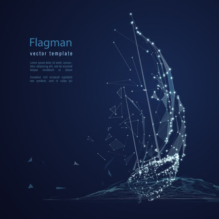 Sailboat composed of polygon. Logo concept. Low poly vector illustration of a mesh . The ship consists of lines, dots and shapes. Wireframe connection structureのイラスト素材