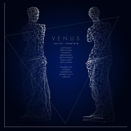 classic sculpture Venus low poly wireframe. Abstract mash line and point on white background. Starry sky or space, consisting of stars and the universe. Vector illustrationのイラスト素材