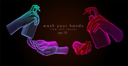 Washing hands with alcohol gel or antibacterial soap sanitizer. Hands holding a bottle. Concept antivirus vector line illustration on dark background.のイラスト素材