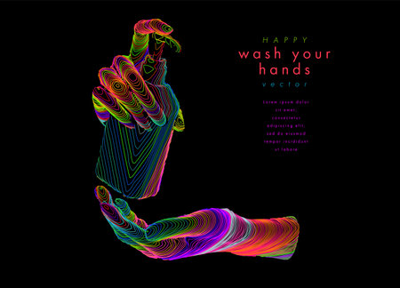 Washing hands with alcohol gel or antibacterial soap sanitizer. Hands holding a bottle. Concept antivirus vector line illustration on dark background.のイラスト素材