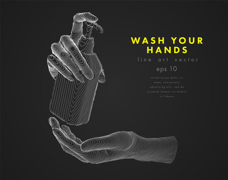 Washing hands with alcohol gel or antibacterial soap sanitizer. Hands holding a bottle. Concept antivirus vector line illustration on dark background.のイラスト素材