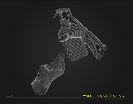 Washing hands with alcohol gel or antibacterial soap sanitizer. Hands holding a bottle. Concept antivirus vector line illustration on dark background.のイラスト素材
