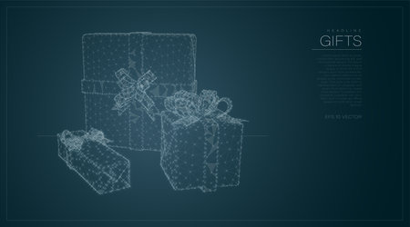 Gift boxes composed of polygon. Holiday christmas concept. Low poly vector illustration of a mesh . The boxes consists of lines, dots and shapes. Wireframe connection structure.のイラスト素材