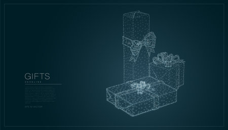 Gift boxes composed of polygon. Holiday christmas concept. Low poly vector illustration of a mesh . The boxes consists of lines, dots and shapes. Wireframe connection structure.のイラスト素材