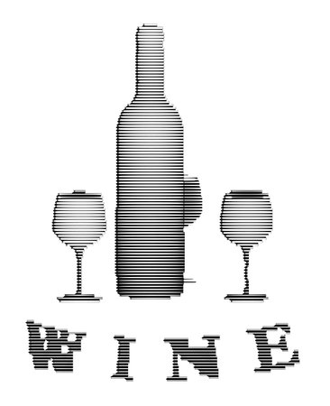 engraving style illustration of wine bottle with glass isolated on white background.のイラスト素材