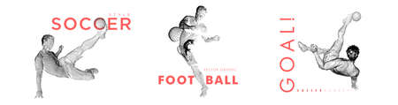 A set of football, soccer players drawing by lines with text. Creative sport concept.のイラスト素材
