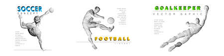 A set of football, soccer players drawing by lines with text. Creative sport concept.のイラスト素材
