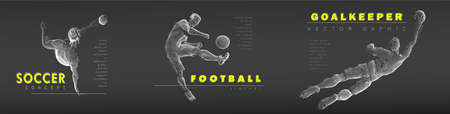 A set of football, soccer players drawing by white lines with text on dark-gray background. Creative sport concept. Art vector graphic for brochures, flyers, presentations,   print, webのイラスト素材