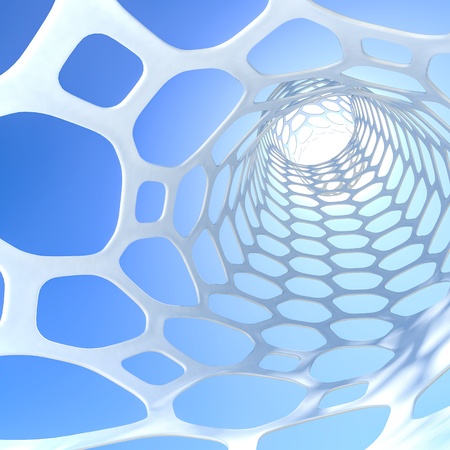 White frame structure tunnel with sun and clear sky の写真素材